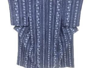 リサイクル　変わり縞に花模様織り出し手織り紬着物